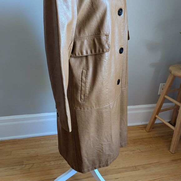 Vintage Y2K Dianzhi Faux Leather Trench Coat Jacket Longline Brown Size 11 - Picture 7 of 12